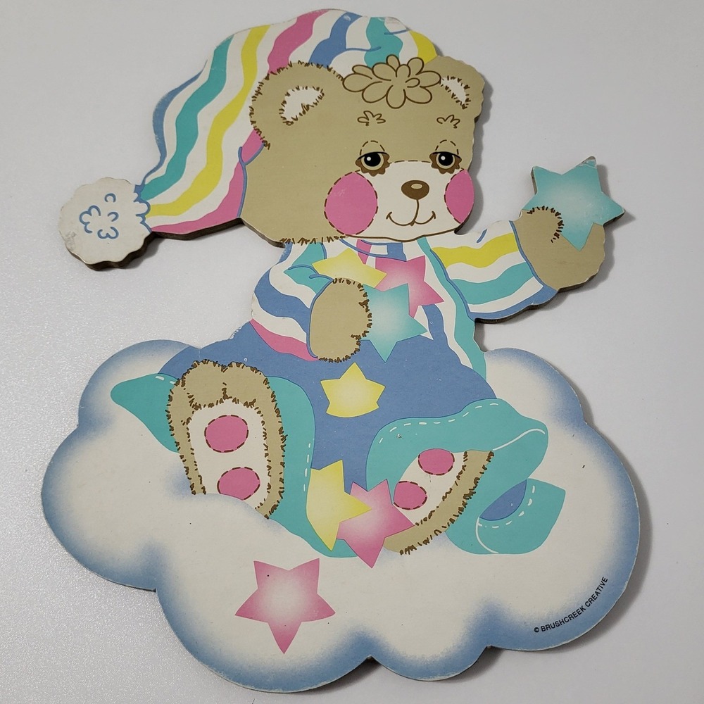 Vtg Brushcreek Nursery Teddy Bear Wall Hanging Kids Decor 12" Rainbow Star Blue